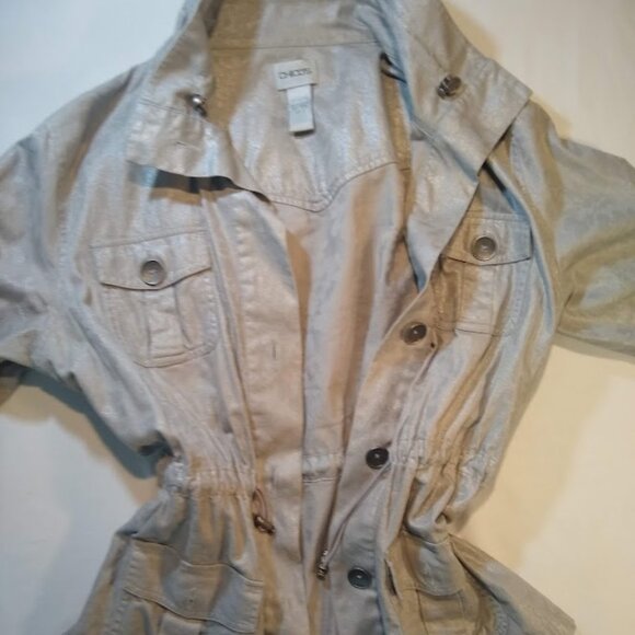 Chico's  size 2   cotton blazer/waist cinch jacket  pewter/silvery/gray - Picture 1 of 16